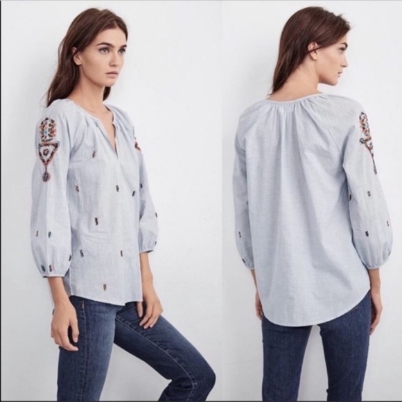 Anthropologie Velvet Graham & Spencer Beaded Striped Lightweight Peasant Top XS - Picture 2 of 13